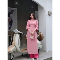 Áo dài cách tân, áo dài truyền thống HỒNG ANH cổ tròn viền hồng sen, đính cúc cách điệu hoạ tiết gấm hoa AD44