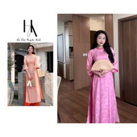 Áo dài cách tân, áo dài truyền thống HỒNG ANH cổ tròn viền, đính cúc cách điệu hoạ tiết gấm hoa - Áo Dài Huyền Anh