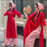 Áo dài cách tân, áo dài truyền thống cổ tròn viền hồng sen, đính cúc cách điệu hoạ tiết gấm hoa