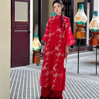 Áo dài cách tân BÁCH LIÊN ĐỎ ĐÔ, dáng suông truyền thống, chất tơ thêu hoa, thân áo có 2 lớp | the tendy