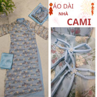 Áo Dài Cách Tân Bạch Vũ – Dáng Suông, Vải Tơ Thêu Họa Tiết Hoa, Phối Nơ Đôi, Kèm Quần Satin Bóng Vintage