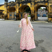 Áo dài cách tân Bạch Vũ ,mẫu áo dài hoa in phối thắt nơ dôi kèm quần ngọc trai - Áo dài Tân Việt