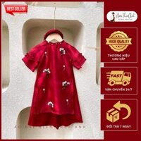 Áo dài cách tân bé gái cổ tết tay bèo - Tơ ánh lót lụa thêu tay cao cấp {10-45kg} HTA201 - Áo Dài Hiền Thục Anh