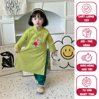 Áo dài cách tân bé gái màu xanh lá kết hợp thêu hoa trước ngực xinh xắn chất liệu linen mềm mịn - Tiệm của nàng - M22