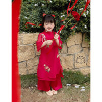 Áo dài cách tân bé gái thêu hoa cúc, áo dài tết bé gái sz 10-30kg