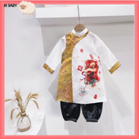 Aó dài cách tân bé trai in múa lân phối gấm đủ szie 9-30 kg