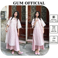 Áo dài cách tân Bồng Bông kèm chân váy lụa cạp chun Gum Official, Set áo dài Tết dâng suông thắt nơ cổ