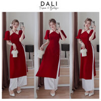 Áo Dài Cách Tân Chất Liệu Nhung Cổ Yếm Tay Bồng Kèm Quần, Set Áo Dài Mặc Tết Tiểu Thư Sang Chảnh