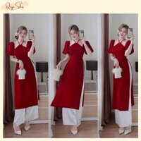 Áo Dài Cách Tân Chất Liệu Nhung Cổ Yếm Tay Bồng Kèm Quần, Set Áo Dài Mặc Tết Sang Chảnh. QUYN.022