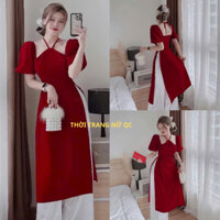 Áo Dài Cách Tân Chất Liệu Nhung Cổ Yếm Tay Bồng Kèm Quần, Set Áo Dài Mặc Tết Sang Chảnh