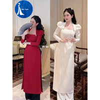 Áo dài cách tân, chất vải tafta màu đỏ, from dáng ôm, cổ chữ U, tay bồng siêu sang