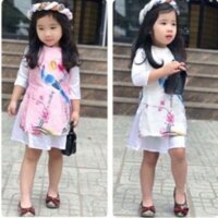 Áo dài cách tân chim công cho bé kèm mấn (hồng phấn và trắng) + tặng kèm dây buộc tóc nơ hoa bất kỳ( giá siêu rẻ )