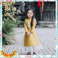 Áo dài cách tân cho bé gái 2-8 tuổi vải gấm vàng ánh kim thêu hoa kèm chân váy hàng cao cấp