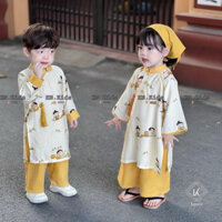 Áo dài cách tân cho bé trai bé gái hoạ tiết baby, áo dài tết đôi cho bé màu vàng lạ mắt