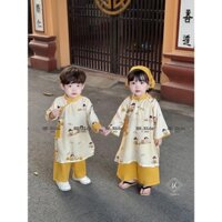 Áo dài cách tân cho bé trai bé gái hoạ tiết baby, áo dài tết 2025 đôi cho bé màu vàng, trắng