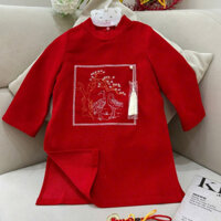 Áo dài cách tân cho bé trai Song Hạc thêu hình chắc chắn chất vải nhung tăm size từ 9-40kg màu đỏ/xanh