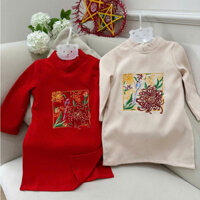 Áo dài cách tân cho bé trai Đại Cúc thêu hình chắc chắn chất vải nhung tăm size từ 9-40kg hai màu be /đỏ