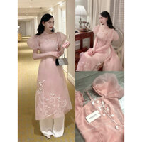 Áo dài cách tân cổ yếm đính kết thủ công tết 2025