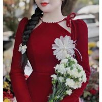 Áo dài cách tân cổ yếm đính cườm màu đỏ quần trắng (kèm tag hoa) vải nhung xịn FD567