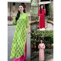 Áo dài cách tân D10 màu XANH CỐM phom suông lụa gấm thọ dơi