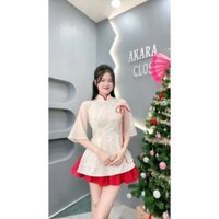 Áo Dài Cách Tân Dáng Ngắn 4 Tà, Phối Chân Váy Xòe 3 Lớp, Đính Nơ Ngực, Phù Hợp Mặc Tết Xinh Xắn - Mã SP: TK5
