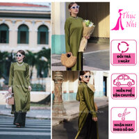 Áo dài cách tân dáng suông cổ 2cm tay dài màu xanh rêu