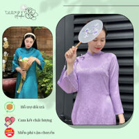 Áo dài cách tân dáng suông gấm tơ 2 tà tay loe dễ mặc tôn da màu xanh lý, tím mềm mịn trang trọng