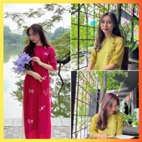 Áo dài cách tân dáng suông hoa nhí truyền thống cao cấp, Áo dài nữ lụa cổ tròn thiết kế kèm quần áo dài may sẵn màu Hồng