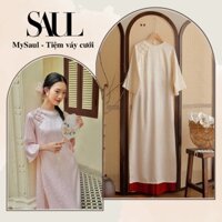 Áo Dài Cách Tân Dáng Suông Lụa Gấm Họa Tiết Hoa Đào 2 Màu Hồng Kem - Tiệm Váy Cưới MySaul