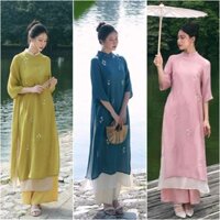 Áo dài cách tân dáng suông vải tơ Crep cao cấp.