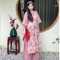 Áo dài cách tân dáng suông, tay ngắn vẩy tả; chất vải tơ cao cấp in hoa CT03 hàng cao cấp