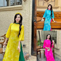 Áo Dài Cách Tân Dáng Suông Chất Gấm Hoạ Tiết Hoa Nổi Tay Loe Cổ 2,5cm Quần Lụa - Áo Dài May Sẵn