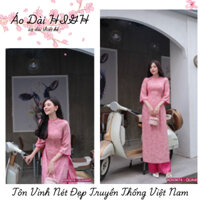 Áo dài cách tân dáng truyền thống HỒNG ANH cổ tròn viền hồng sen, đính cúc cách điệu hoạ tiết gấm hoa - Áo Dài HIGH