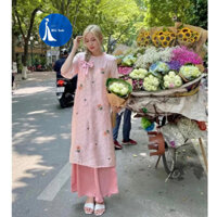 Áo dài cách tân, dáng xuông gấm tơ thêu hoa Cúc Sam yểu điệu thục nữ