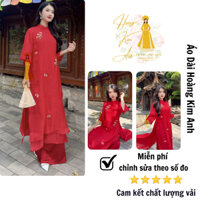 Áo dài cách tân dáng xuông thêu hoa nhí lụa tơ cao cấp Hoàng Kim Anh, Áo dài truyền thống Nhã Vân màu Đỏ mặc lễ tết cưới