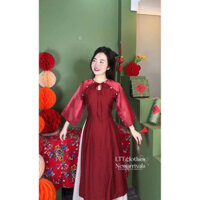 Áo dài cách tân diện tết chất tuyết nhung ht120 phối tay tơ ánh kim cổ áo khoét giọt nước, chân váy tơ 2 lớp