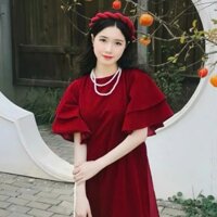 Áo dài cách tân đỏ, tay cánh tiên, dáng chiết eo, áo dài Tết [VD018-Áo dài Vũ Dung]