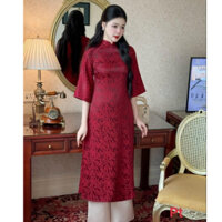 Áo dài cách tân gấm 4 tà chất liệu vải gấm in hoa nổi phối quần phi bóng siêu nổi bật