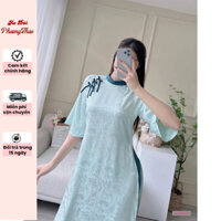Áo dài cách tân gấm 4 tà màu xanh dịu dàng phối cổ nổi bật - Áo dài TG FASHION