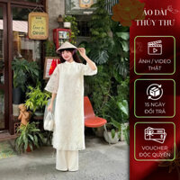 Áo dài cách tân gấm 4tà áo lót lụa cổ tàu nẹp lệch đính khuy dáng suông tay lửng quần lụa ống rộng -Áo Dài Thủy Thư