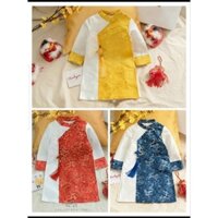 Áo dài cách tân gấm phối trắng cho bé trai 9-41kg- Áo dài gấm cao cấp phối ghi