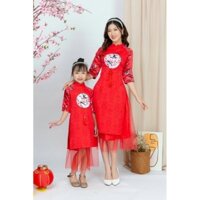 Áo dài cách Tân gấm thêu chim và cành đào tay hoa kèm chân váy xoè