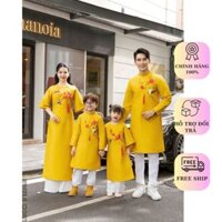 Áo dài cách tân Gia đình Ý Xuân tone vàng vải Tafta cao cấp - Áo dài tết Collection 2025