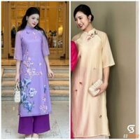 Áo dài cách tân hàng thiết kế chât liệu vải tơ tằm bọt 4 tà họa tiết thêu hoa tay lỡ màu trắng kem - hàng may sẵn