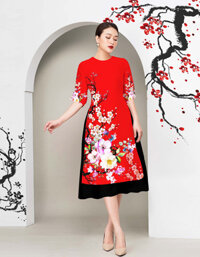 Áo dài cách tân in 3D cành đào ngày tết siêu dễ thương AD019 - Lady Fashion - Áo đỏ - S