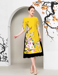 Áo dài cách tân in 3D cành đào ngày tết siêu dễ thương AD019 - Lady Fashion - Áo vàng - S
