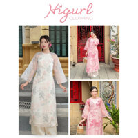 Áo dài cách tân Kỳ Lân hồng, Thủy Mặc 4 tà dáng suông cổ tròn chất liệu tơ voan cao cấp thêu họa tiết lân sư, thủy mặc