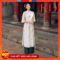 Áo dài cách tân Linh Lan, áo dài dáng suông họa tiết lá thêu nổi trên nền tơ 2 lớp phối quần lụa loại 1