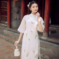 Áo Dài Cách Tân Linh Lan,Áo Dài 4 Tà Lụa Tơ Thêu Hoa Dáng Suông Cổ Cao .