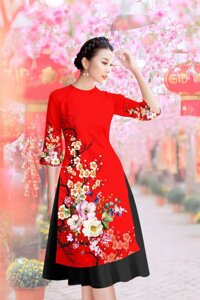 ÁO DÀI CÁCH TÂN LỤA HOA ĐÀO 3D - AD23 - Áo đỏ - Size L